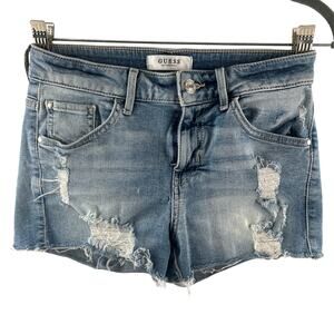 Guess Blue Cut-Off Short Denim Distressed Mid-Rise Raw Hem Classic Zip Fly Sz 26